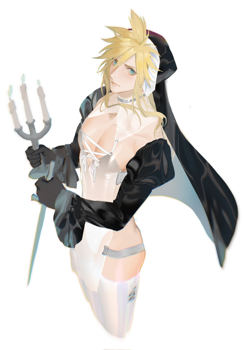 alternate_costume black_gloves blonde_hair blue_eyes blush candle choker closed_mouth cloud_strife coif crossdressing detached_sleeves final_fantasy final_fantasy_vii gloves habit highres holding holding_candle_stand holding_sword holding_weapon lace-up lace-up_top lingerie nun see-through silver_choker spiked_hair sword thighhighs underwear weapon white_background xianyu314