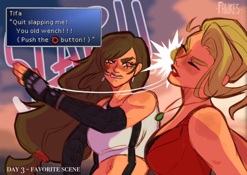 2girls absurdres artist_name bare_shoulders battle black_gloves blonde_hair breasts brown_hair character_name clenched_teeth closed_eyes crop_top dangle_earrings dialogue_box dress earrings elbow_gloves english_text fawkesart final_fantasy final_fantasy_vii fingerless_gloves furrowed_brow gloves hair_tie highres jewelry large_breasts long_hair low-tied_long_hair midriff multiple_girls necklace parted_lips red_dress red_eyes red_lips scarlet_(ff7) shirt slap_mark slap_mark_on_face slapping sleeveless sleeveless_shirt suspenders teeth tifa_lockhart updo upper_body white_shirt