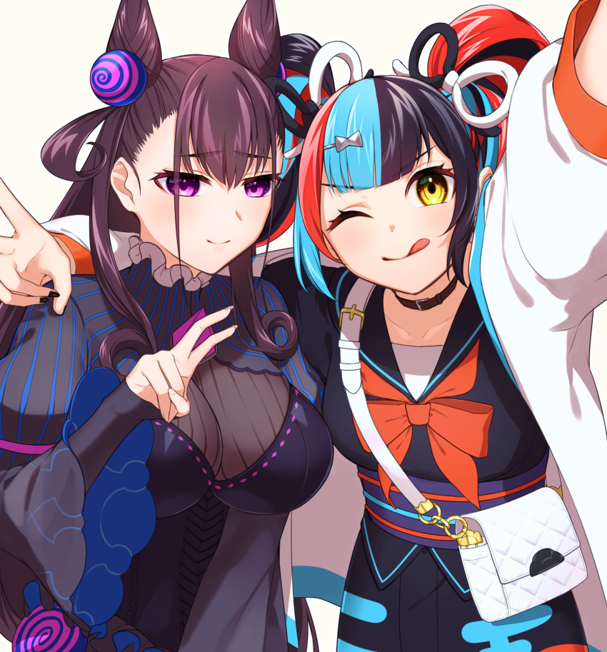 2girls bag black_dress black_hair black_nails blue_hair breasts brown_hair cone_hair_bun dress fate/grand_order fate_(series) hair_bun handbag highres jacket long_hair multicolored_hair multiple_girls murasaki_shikibu_(fate) one_eye_closed purple_hair red_hair sakuraike sei_shounagon_(fate) smile twintails v white_jacket yellow_eyes