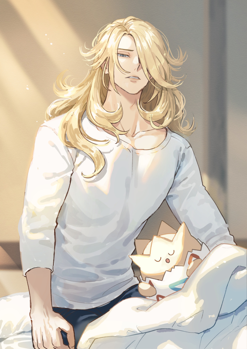 1boy bed_sheet blonde_hair closed_eyes collarbone commentary_request elemoncake hair_over_one_eye highres indoors long_hair male_focus on_bed parted_lips pokemon pokemon_(creature) pokemon_legends:_arceus shirt sitting sleeping sunlight teeth togepi volo_(pokemon) white_shirt