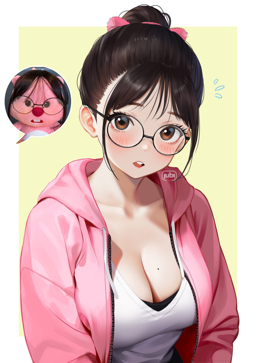 1girl absurdres artist_name black_bra blush border bra breasts brown_hair cleavage collarbone glasses glasses_loopy_plushie_(meme) highres hood hood_down hoodie looking_at_viewer loopy_(pororo) medium_breasts meme mole mole_on_breast outside_border personification photo_inset pink_hoodie ponytail pororo_the_little_penguin reference_photo regiana_(jubi) round_eyewear shirt solo speech_bubble stuffed_toy sweatdrop underwear white_border white_shirt yellow_background