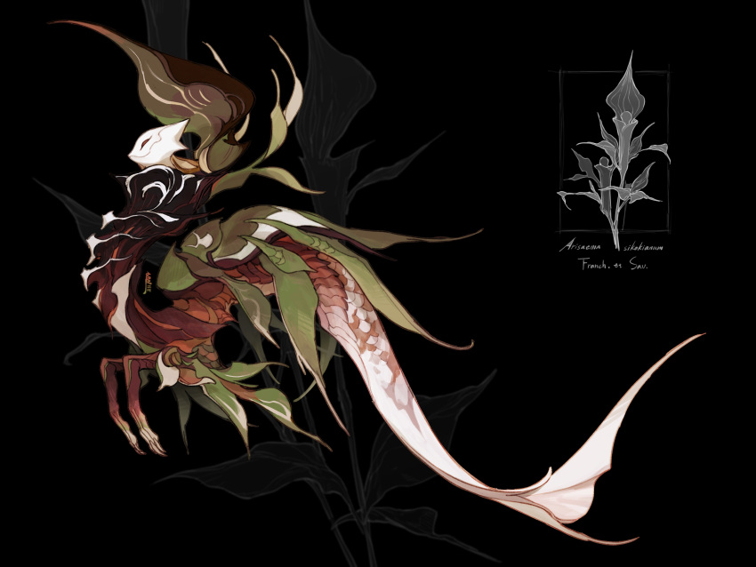 absurdres animal_focus black_background chinese_commentary claws commentary_request fins flower from_side full_body highres leaf leaf_background microw monster no_humans original red_eyes reference_inset scales signature simple_background solo tail