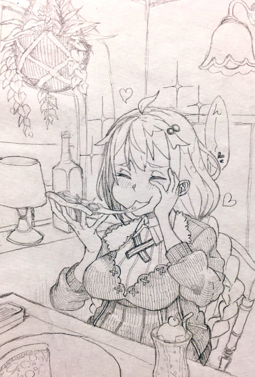 1girl ahoge blush bottle braid breasts cheese_trail closed_eyes collared_shirt commentary_request cross_tie desk_lamp dress eating food foodgasm fur-trimmed_jacket fur_trim graphite_(medium) greyscale hand_on_own_cheek hand_on_own_face hanging_plant highres holding holding_food holding_pizza ice_cream ice_cream_float indoors jacket kizuna_akari lamp large_breasts long_sleeves low_twin_braids monochrome on_chair open_clothes open_jacket pizza pizza_slice plate ribbed_shirt shirt sitting solo sparkle table toriniku29 traditional_media twin_braids upper_body vocaloid voiceroid wall_lamp