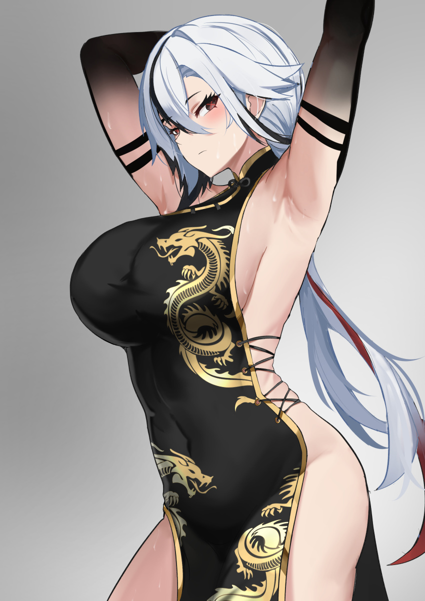 1girl absurdres arlecchino_(genshin_impact) armpits arms_up bare_shoulders black_dress black_eyes black_hair black_hands blush breasts china_dress chinese_clothes dragon_print dress genshin_impact gold_trim gradient_skin highres large_breasts long_hair looking_at_viewer multicolored_hair pelvic_curtain red_pupils side_slit sideboob solo streaked_hair sweat symbol-shaped_pupils tian_kazuki variant_set white_hair x-shaped_pupils