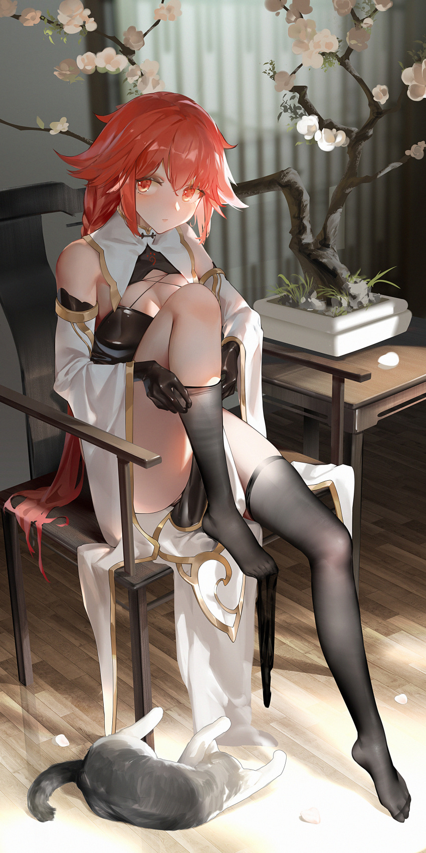 1girl absurdres alternate_costume black_gloves black_thighhighs braid breasts cat chair china_dress chinese_clothes cleavage commission curtains dress full_body gloves highres indoors knee_up long_hair looking_at_viewer neptune_(series) orange_eyes orange_hair second-party_source shin_jigen_game_neptune_vii sitting solo tennouboshi_uzume thighhighs toeless_legwear tree very_long_hair