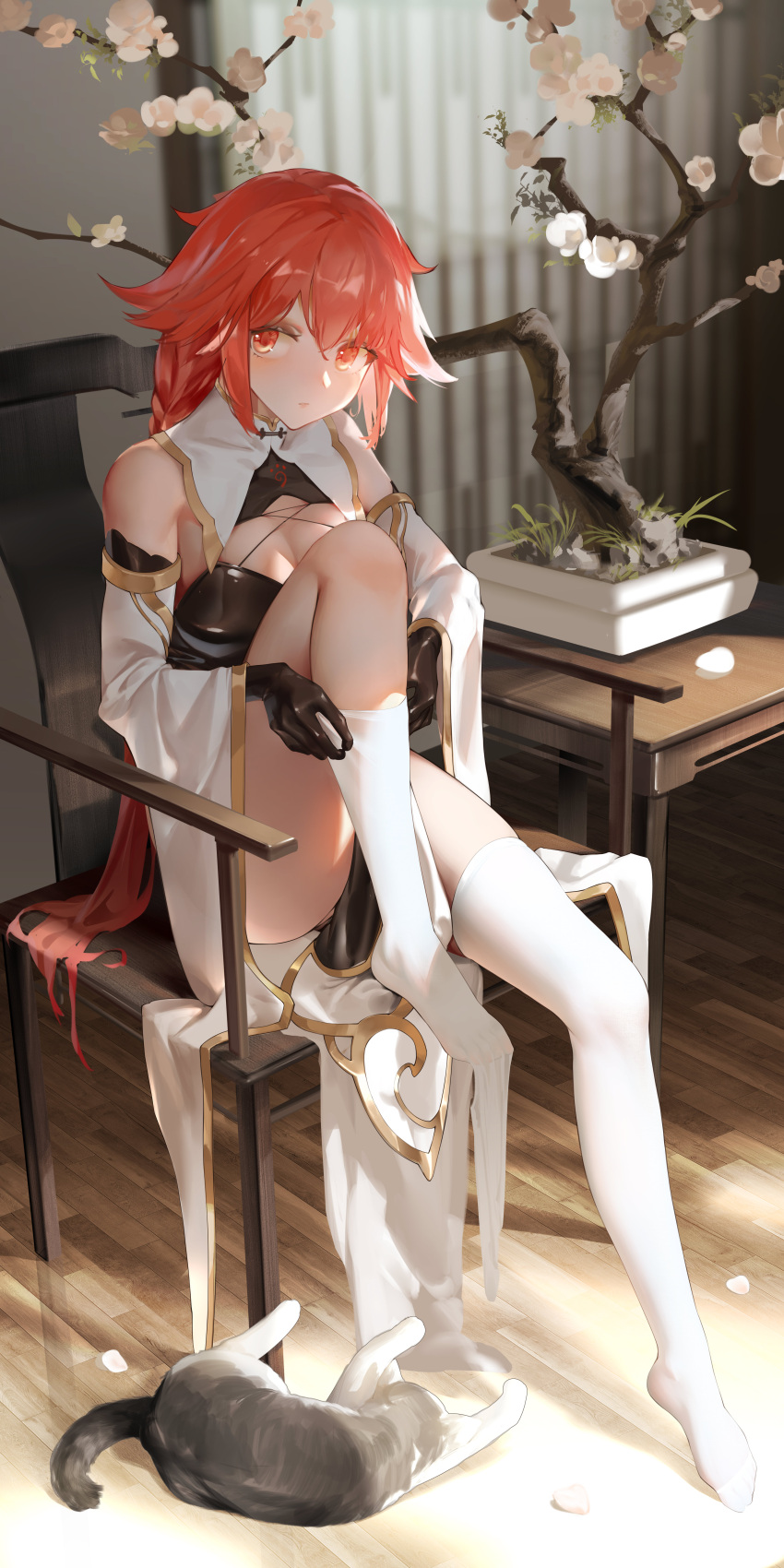 1girl absurdres alternate_costume black_gloves braid breasts cat chair china_dress chinese_clothes cleavage commission curtains dress full_body gloves highres indoors knee_up long_hair looking_at_viewer neptune_(series) orange_eyes orange_hair pantyhose second-party_source shin_jigen_game_neptune_vii sitting solo stirrup_legwear tennouboshi_uzume thighhighs toeless_legwear tree very_long_hair white_thighhighs