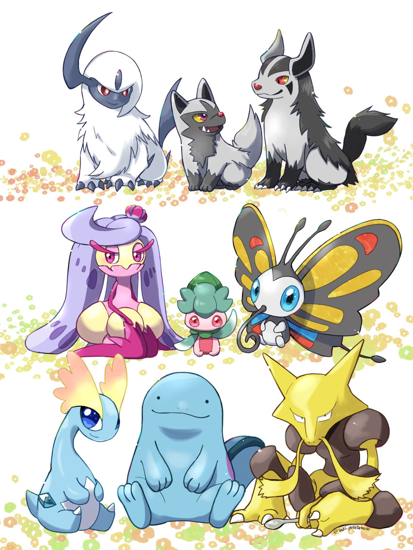 absol alakazam alternate_color amaura beautifly blue_eyes blue_skin bright_pupils bug butterfly claws closed_mouth colored_sclera colored_skin commentary_request crystal fomantis forehead_jewel grey_fur highres holding holding_spoon horns mightyena no_humans pokemon pokemon_(creature) poochyena purple_hair quagsire red_eyes saki_pokeoekaki seiza sharp_teeth shiny_pokemon single_horn sitting smile snout solid_circle_eyes spoon tail teeth tsareena white_background white_fur white_pupils yellow_sclera