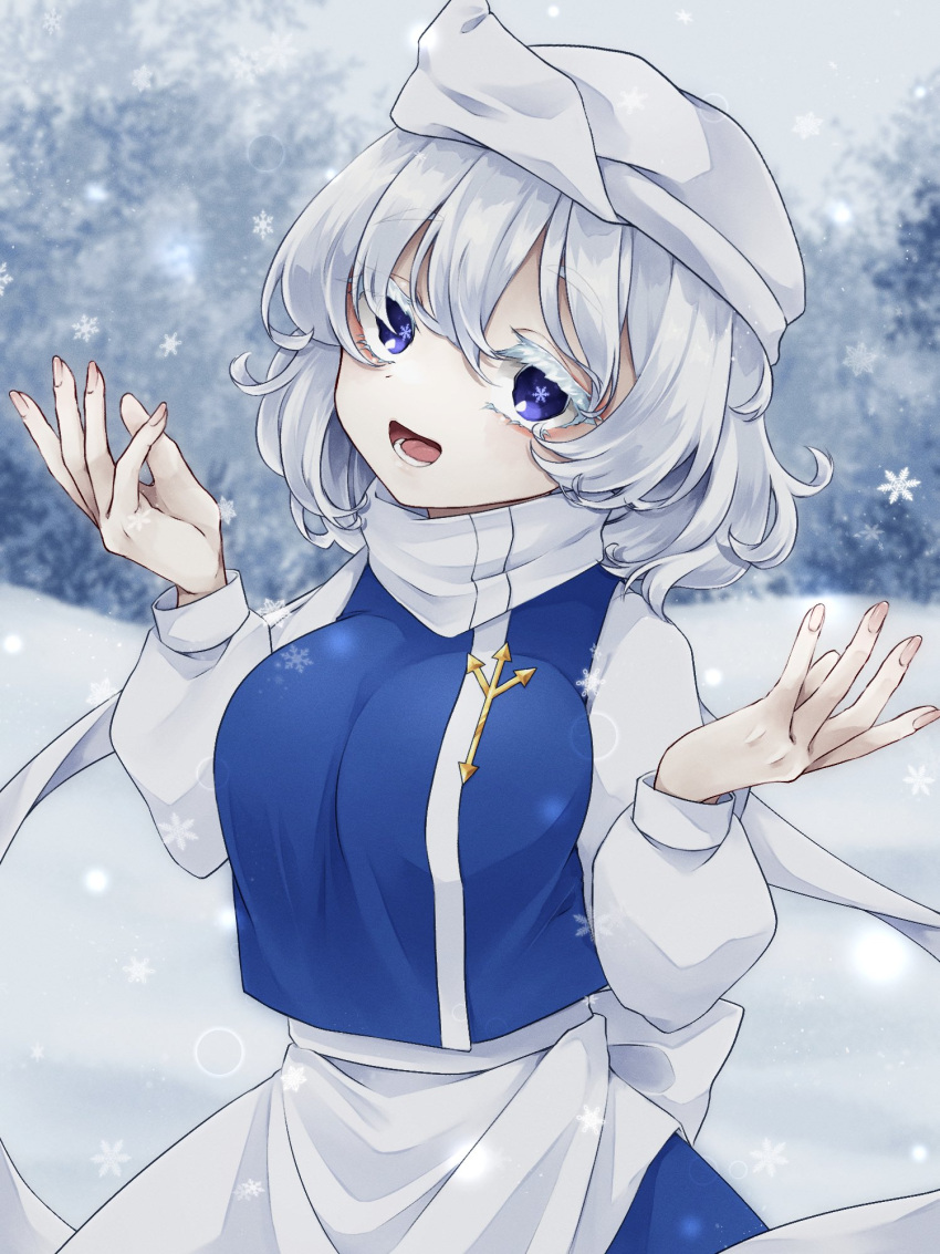 1girl apron back_bow blue_eyes blue_hair blue_skirt blue_vest bow breasts fingernails highres lapel_pin letty_whiterock light_blue_hair looking_at_viewer medium_breasts medium_hair open_mouth outdoors puffy_short_sleeves puffy_sleeves shirt short_sleeves skirt snowflakes solo touhou turtleneck upper_body vest waist_apron waist_bow white_apron white_bow white_headwear white_shirt yami_nabe