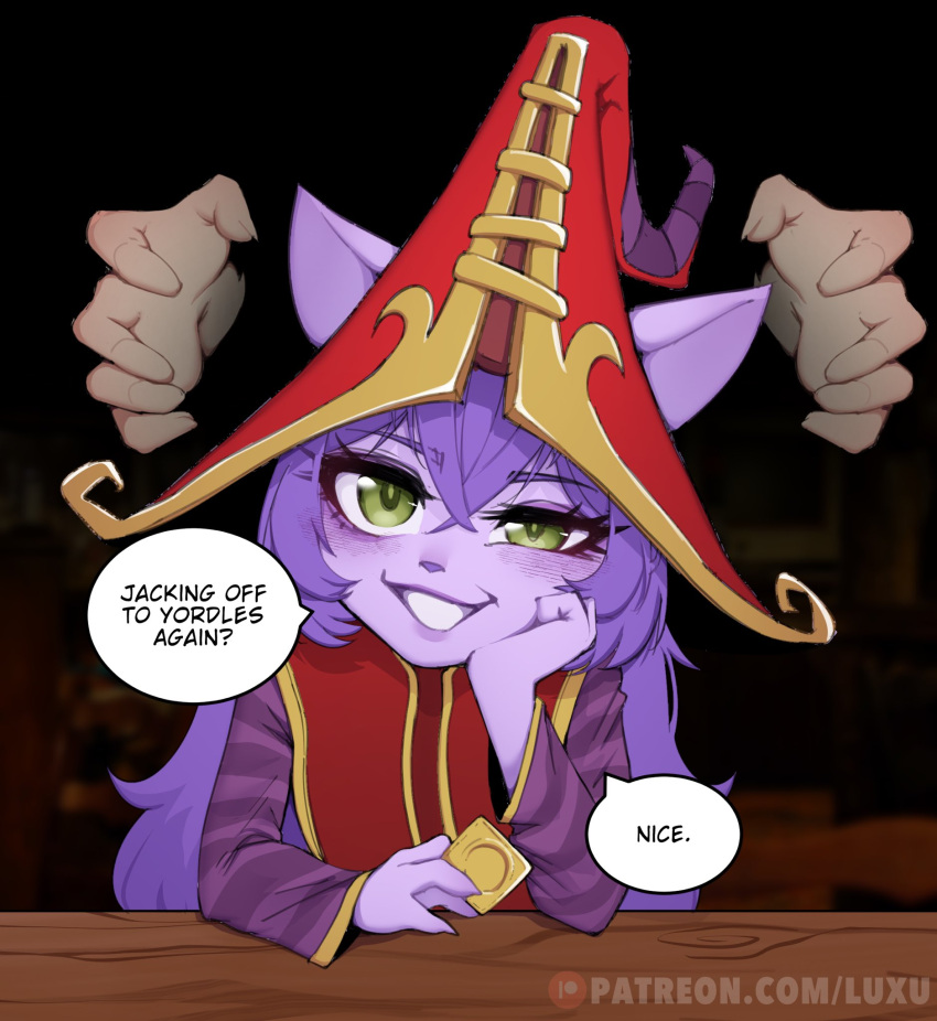 blush clothed clothing condom condom_wrapper dialogue duo female fully_clothed hair hat headgear headwear hi_res human humanoid humanoid_pointy_ears league_of_legends looking_at_viewer lulu_(lol) luxurias male mammal purple_body purple_hair riot_games sexual_barrier_device speech_bubble witch_hat yordle