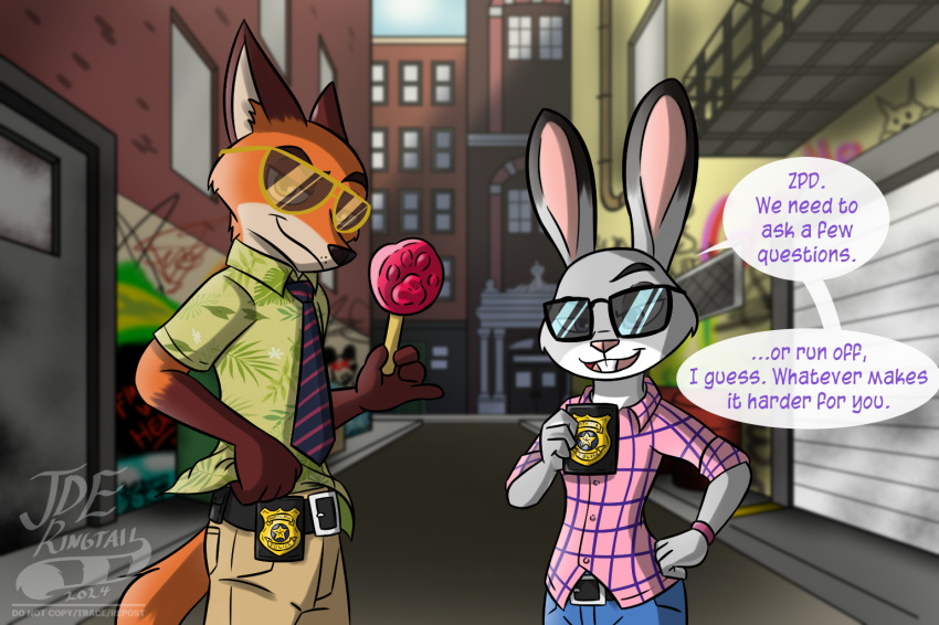 alley anthro buckteeth canid canine clothed clothing disney duo eyewear female food fox jde10 judy_hopps lagomorph leporid looking_at_viewer male mammal necktie nick_wilde pawpsicle police_badge popsicle rabbit raised_clothing raised_shirt raised_topwear shirt sunglasses talking_to_viewer teeth topwear zootopia
