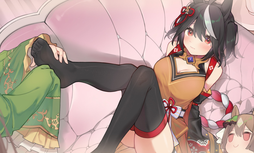 2girls ahoge animal_ears bare_shoulders black_hair black_thighhighs blush breasts brown_hair cleavage closed_mouth commentary_request detached_sleeves ear_ornament feet foot_out_of_frame hair_between_eyes highres holding_another's_foot horse_ears horse_girl horse_tail kitasan_black_(umamusume) kouhaku_nawa large_breasts long_sleeves multicolored_hair multiple_girls no_shoes red_eyes rope satono_diamond_(umamusume) shimenawa skindentation solarisyuri! soles streaked_hair tail thighhighs toes umamusume white_hair yellow_eyes