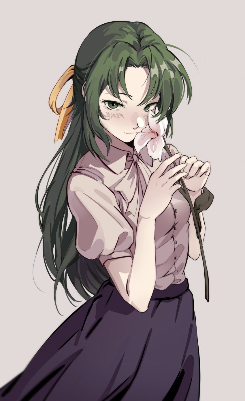 1girl absurdres blue_skirt blush closed_mouth cowboy_shot dress_shirt flower green_eyes green_hair hair_ribbon hands_up highres higurashi_no_naku_koro_ni holding holding_flower long_hair long_skirt looking_at_viewer neck_ribbon parted_bangs ribbon shirt shirt_tucked_in simple_background skirt smile solo sonozaki_shion uneasywolf white_ribbon white_shirt yellow_ribbon