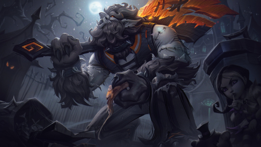 1boy 1girl absurdres annie_(league_of_legends) axe bangs black_hair castle collar dress finger_to_mouth fingernails food fright_night_annie fright_night_trundle grey_hair hiding highres holding holding_food holding_weapon league_of_legends long_hair moon official_alternate_costume official_art one_knee outdoors pants pizza puffy_short_sleeves puffy_sleeves purple_eyes red_eyes second-party_source sharp_fingernails short_sleeves shushing spiked_collar spikes striped striped_pants stuffed_animal stuffed_toy teddy_bear torn_clothes trash_can tree troll trundle tusks weapon