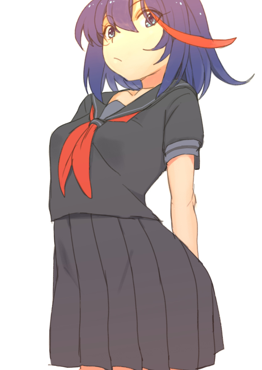 1girl black_hair blue_eyes breasts closed_mouth highres kill_la_kill looking_at_viewer matoi_ryuuko multicolored_hair nishi_tanuki red_hair school_uniform serafuku short_hair simple_background skirt solo streaked_hair two-tone_hair white_background