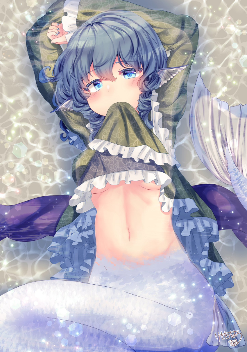 1girl arms_up blue_eyes blue_hair breasts clothes_in_mouth clothes_lift commission double_dealing_character drill_hair drill_sidelocks fins frilled_kimono frills grass_root_youkai_network green_kimono head_fins highres japanese_clothes kemo_chiharu kimono lifted_by_self lying mermaid monster_girl navel on_back partially_submerged sidelocks signature skeb_commission solo touhou underboob wakasagihime