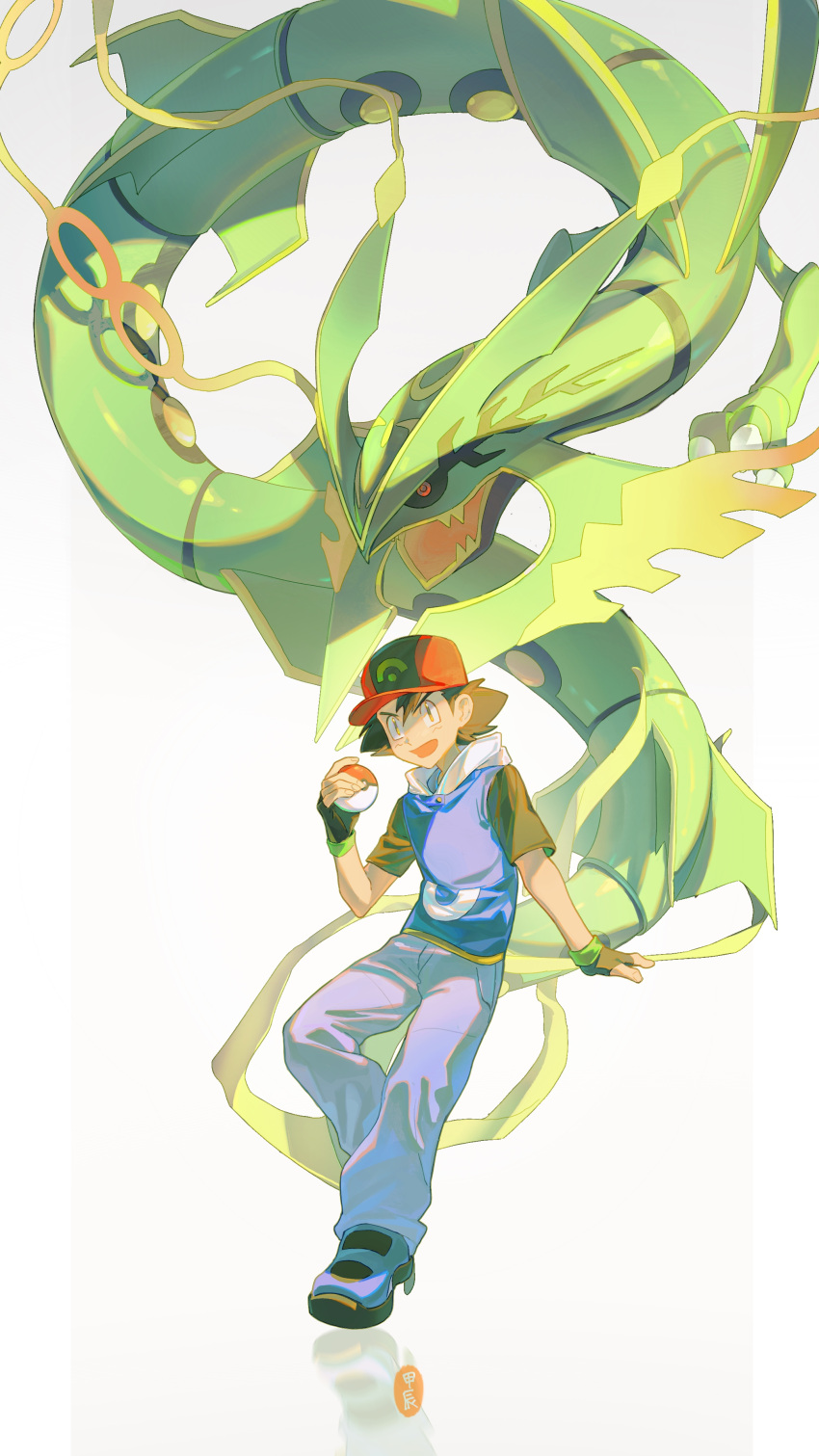 1boy absurdres ash_ketchum baseball_cap black_hair black_sclera blue_pants claws colored_sclera colored_skin commentary_request floating green_skin hat highres holding holding_poke_ball joints mega_rayquaza okralos open_mouth pants poke_ball poke_ball_(basic) pokemon pokemon_(anime) pokemon_(creature) rayquaza red_eyes reflection shoes short_hair simple_background tail v-shaped_eyebrows white_background