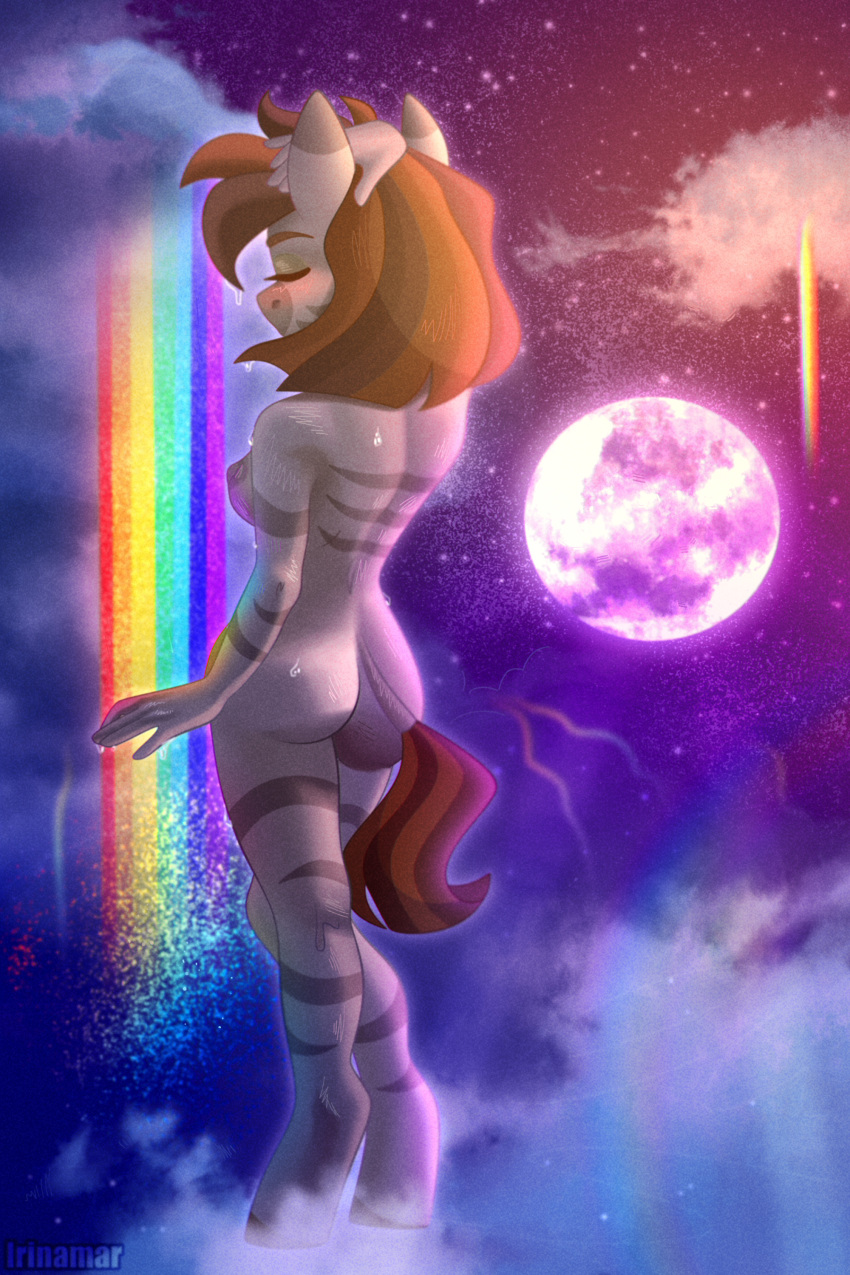 2021 absurd_res anthro blush bodily_fluids bombay_colada_(oc) breasts butt cloud digital_media_(artwork) equid equine eyes_closed fan_character female full_moon hair hasbro hi_res hooves humanoid_hands irinamar mammal moon my_little_pony nipples nude orange_body orange_hair rainbow rear_view short_hair side_boob signature solo standing striped_body stripes sweat wet zebra