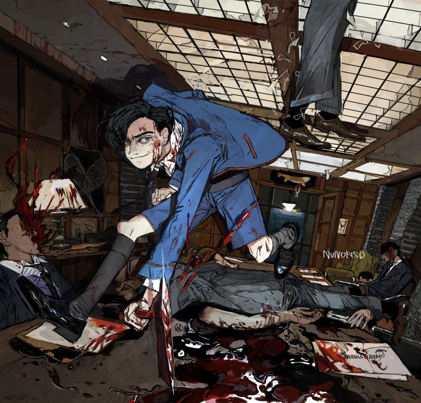 5boys artist_name axe bad_id bad_twitter_id bent_over black_footwear black_hair black_socks black_suit blazer blood blood_on_face blood_splatter blue_jacket blue_shorts board_room closed_mouth copyright_name desk_lamp dress_shoes dutch_angle full_body glass_ceiling gomibaketsu3 grey_eyes hatchet_(axe) highres holding holding_axe indoors jacket kneehighs lamp long_sleeves long_table looking_at_viewer male_focus multiple_boys murder number_five on_table paper pool_of_blood running school_uniform short_hair shorts smirk socks suit table the_umbrella_academy through_ceiling