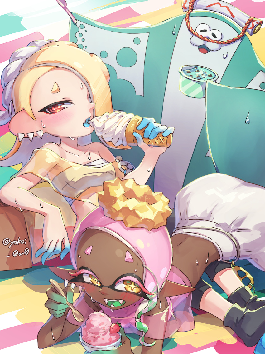 1boy 2girls alternate_hair_color artist_name big_man_(splatoon) blonde_hair blush cephalopod_eyes chest_sarashi commentary_request dark-skinned_female dark_skin food frye_(splatoon) gradient_hair green_hair hair_over_one_eye harem_pants highres holding holding_spoon ice_cream manta_ray multicolored_hair multiple_girls open_mouth pants pink_hair red_eyes sarashi shawl shiver_(splatoon) sitting smile splatoon_(series) splatoon_3 spoon star-shaped_pupils star_(symbol) sweat symbol-shaped_pupils teeth tooth_earrings two-tone_hair very_dark_skin white_pants yellow_eyes yellow_pupils yellow_shawl yokoi_aya