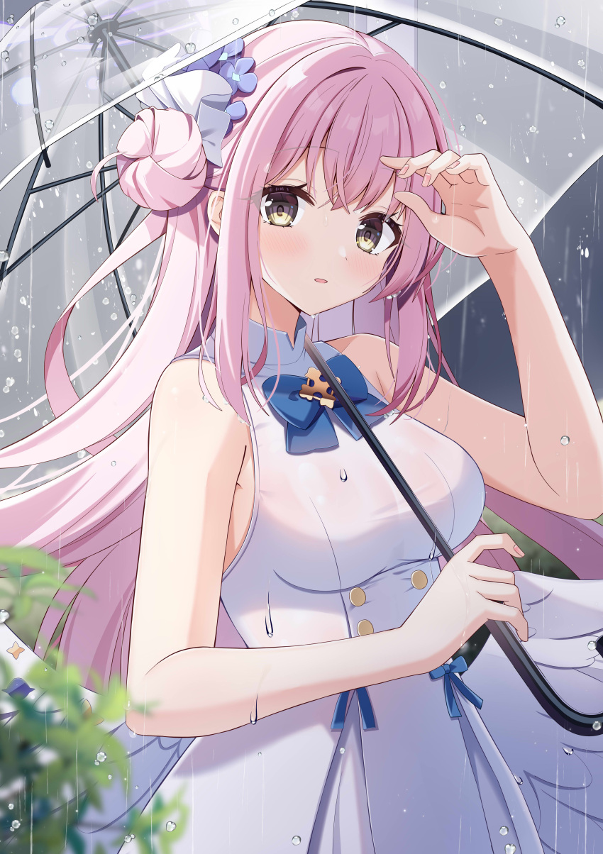 1girl absurdres angel_wings blue_archive blush breasts dress feathered_wings fengshen_chino flower hair_bun hair_flower hair_ornament highres holding holding_umbrella long_hair looking_at_viewer medium_breasts mika_(blue_archive) open_mouth pink_hair purple_flower single_side_bun sleeveless sleeveless_dress solo umbrella white_dress white_wings wings yellow_eyes