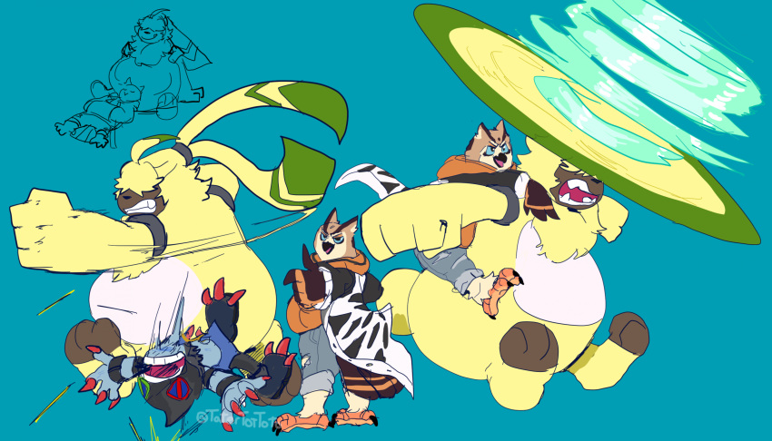 angoramon anthro avian bandai_namco beak belt bird blue_eyes brown_body brown_feathers carrying digimon digimon_(species) dracmon feathers flying fur group hair hair_over_eyes helicopter_ears hi_res male owl piggyback punch tatertottoto trio yellow_body yellow_fur