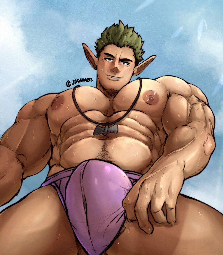 1boy abs absurdres artist_name bara biceps blush bulge cloud feet_out_of_frame green_eyes green_hair highres jaderarts jewelry kraft_(sousou_no_frieren) large_pectorals looking_at_viewer looking_back male_focus male_underwear manly mature_male muscular muscular_male navel_hair necklace nipples outdoors pectorals pointy_ears short_hair signature sky smirk solo sousou_no_frieren spiked_hair sunlight teeth thick_arms thick_eyebrows thick_thighs thighs underwear veins