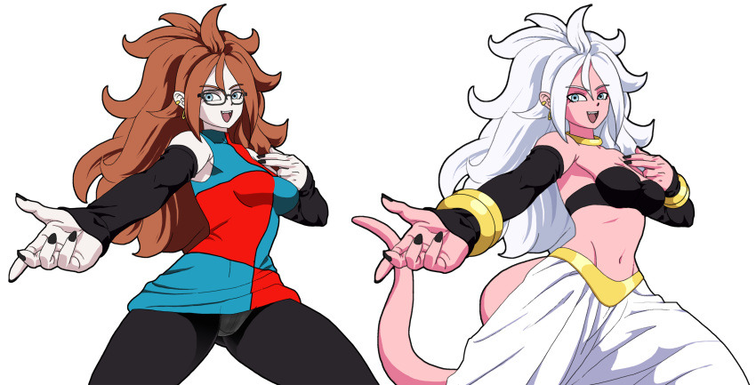 alien alien_humanoid alpha_channel android_21 armwear big_hair black_armwear black_clothing black_legwear black_nails black_topwear blue_clothing blue_topwear bottomwear bracelet breasts brown_hair clothed clothing colored_nails dragon_ball dragon_ball_fighterz duo ear_piercing eyelashes eyewear female glasses hair hi_res human humanoid jewelry legwear long_hair looking_at_viewer majin majin_android_21 mammal nails navel necklace oggy open_mouth open_smile pale_skin panties piercing pink_body reaching_towards_viewer red_clothing red_topwear simple_background smile tail tailed_humanoid tan_clothing tan_panties tan_underwear thick_thighs topwear transparent_background underwear upskirt white_bottomwear white_clothing white_hair wide_hips