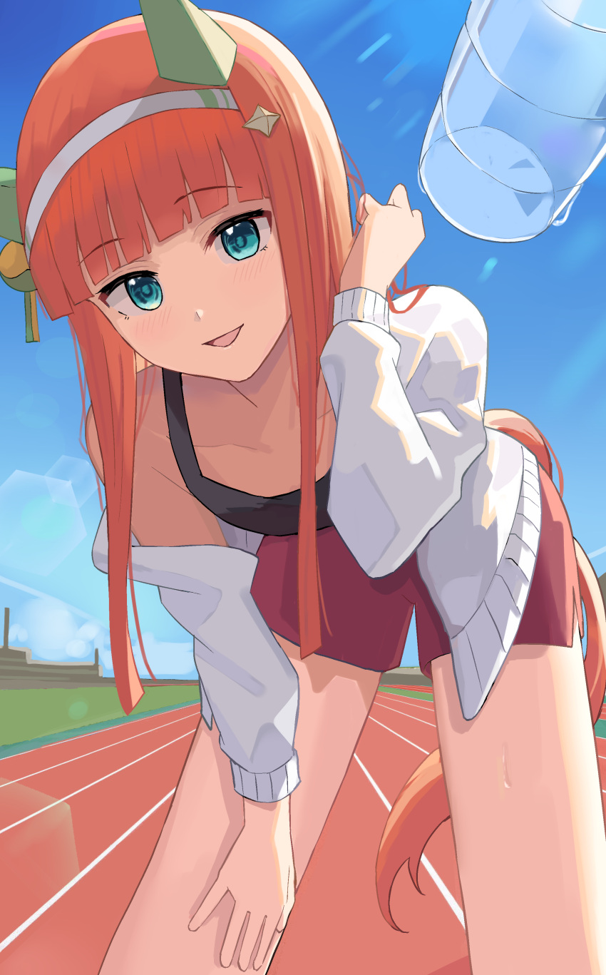 1girl absurdres animal_ears aqua_eyes bare_shoulders black_sports_bra blue_eyes bottle breasts chisaku commentary_request ear_covers hairband hand_on_own_thigh highres hime_cut horse_ears horse_girl horse_tail jacket jacket_partially_removed long_hair long_sleeves orange_hair outdoors red_shorts running_track shorts silence_suzuka_(umamusume) small_breasts smile solo solo_focus sports_bra sweat tail umamusume water_bottle white_hairband white_jacket