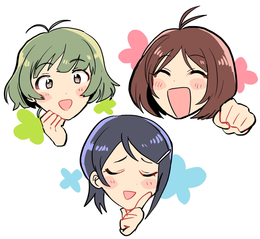 1boy 2girls akizuki_ryo antenna_hair blue_hair blush brown_eyes brown_hair clenched_hand closed_eyes dearly_stars_(idolmaster) dot_nose hair_ornament hairclip head_only hidaka_ai highres hiziki723 idolmaster idolmaster_dearly_stars index_finger_raised mizutani_eri multiple_girls open_mouth otoko_no_ko short_hair smile white_background