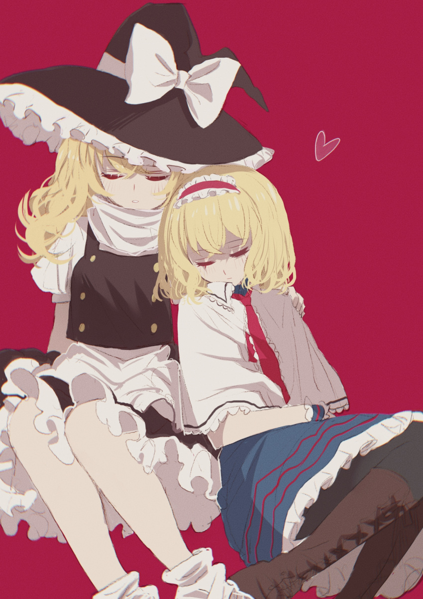 2girls alice_margatroid apron black_headwear black_pantyhose black_skirt black_vest blonde_hair blue_skirt boots breasts brown_footwear capelet closed_eyes closed_mouth cross-laced_footwear feet_out_of_frame frilled_hairband frilled_skirt frills hairband hat highres kirisame_marisa lace-up_boots medium_hair multiple_girls pantyhose puffy_short_sleeves puffy_sleeves red_background red_hairband shirt shocho_(shaojiujiu) short_sleeves simple_background skirt sleeping sleeping_upright small_breasts socks touhou vest white_apron white_capelet white_shirt white_socks wife_and_wife witch_hat yuri