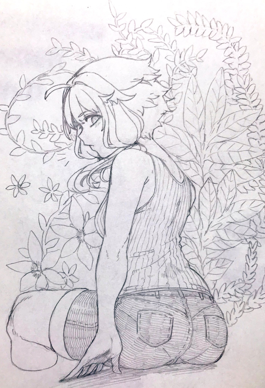1girl ahoge alternate_costume arm_support ass bare_shoulders breasts closed_mouth commentary_request cropped_legs denim denim_shorts floral_background from_behind graphite_(medium) greyscale highres invisible_chair looking_at_viewer looking_back medium_breasts monochrome plant profile ribbed_tank_top short_hair_with_long_locks shorts sitting solo tank_top toriniku29 traditional_media vocaloid voiceroid yuzuki_yukari