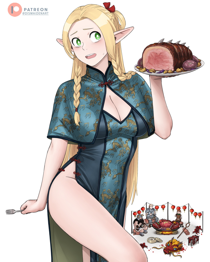 1girl 3boys absurdres alternate_costume armor beard blonde_hair blue_dress braid breasts chilchuck_tims china_dress chinese_clothes cleavage dismaiden dragon_print dress dungeon_meshi dwarf eating elf facial_hair fake_horns food helmet highres holding holding_plate horned_helmet horns laios_thorden large_breasts marcille_donato meat multiple_boys multiple_braids patreon_logo patreon_username plate pointy_ears senshi_(dungeon_meshi) side_slit simple_background sitting solo_focus sweatdrop white_background