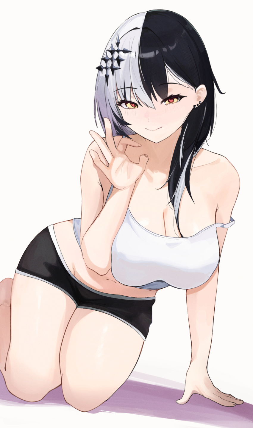 1girl bare_shoulders black_eyeliner black_hair black_shorts breasts camisole cleavage collarbone ear_piercing earrings eyelashes eyeliner fellatio_gesture grey_hair hair_ornament hair_over_shoulder hand_rest highres hololive hololive_english jewelry kneeling ku_roiko large_breasts long_hair looking_at_viewer makeup multicolored_hair naughty_face navel piercing sexually_suggestive shiori_novella short_shorts shorts smile solo split-color_hair strap_slip tank_top thick_thighs thighs two-tone_hair virtual_youtuber white_camisole white_hair white_tank_top yellow_eyes