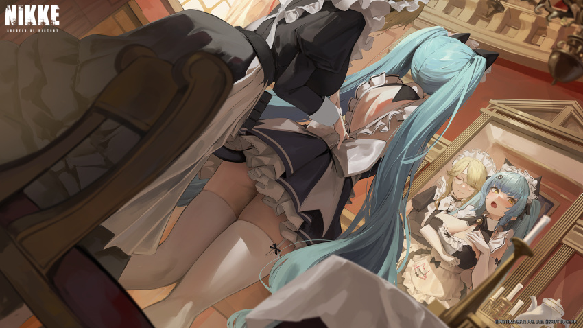 2girls ade_(nikke) animal_ears apron ass blue_hair blush breasts brown_hair cat_ears cat_girl cat_tail closed_eyes closed_mouth goddess_of_victory:_nikke highres indoors large_breasts leviathan_(hikinito0902) long_hair long_sleeves maid maid_apron maid_headdress mirror multiple_girls open_mouth privaty_(nikke) privaty_(unkind_maid)_(nikke) second-party_source standing table tail thighhighs twintails very_long_hair white_apron white_thighhighs yellow_eyes