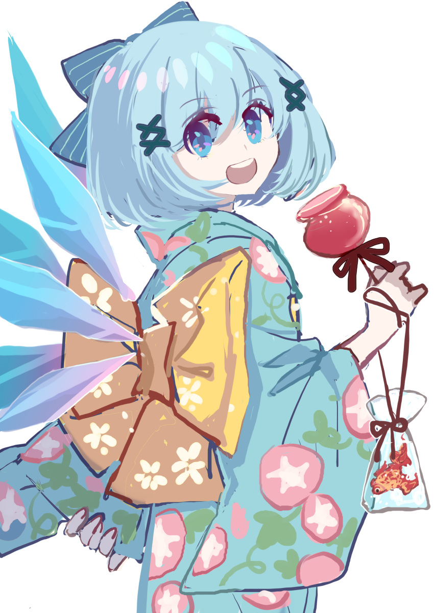 1girl absurdres back_bow bag bagged_fish blue_bow blue_eyes blue_hair blue_kimono bow cirno cowboy_shot detal fish from_side hair_bow highres ice ice_wings japanese_clothes kimono large_bow long_sleeves looking_at_viewer medium_hair open_mouth shocho_(shaojiujiu) simple_background solo touhou white_background wide_sleeves wings yellow_bow