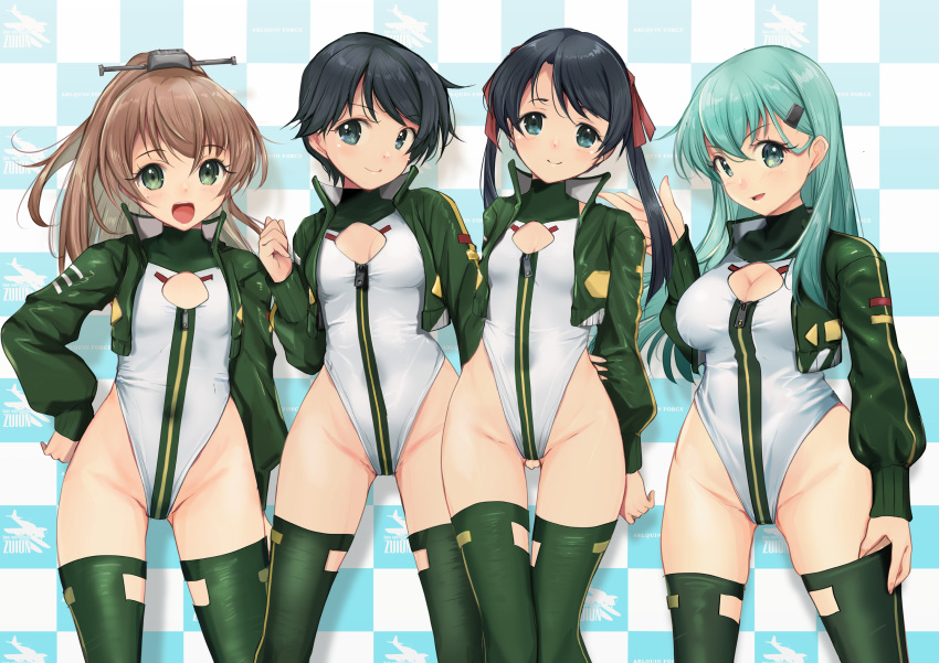 4girls adapted_costume alice_gear_aegis aqua_eyes aqua_hair black_hair breasts brown_hair green_thighhighs highres kantai_collection kumano_(kancolle) leotard long_hair looking_at_viewer medium_breasts mikuma_(kancolle) mogami_(kancolle) multiple_girls short_hair small_breasts suzuya_(kancolle) thighhighs twintails yashin_(yasinz)