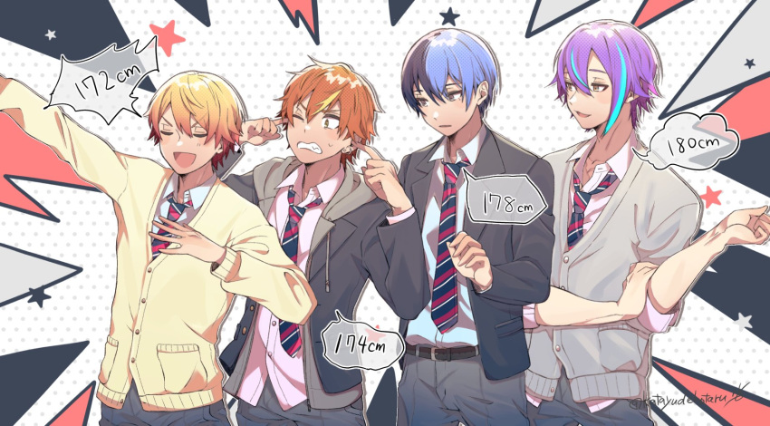 4boys adam's_apple annoyed aoyagi_touya aqua_hair belt black_belt black_hair black_jacket blazer blonde_hair blue_hair blue_necktie blue_pants cardigan clenched_teeth closed_eyes collared_shirt constricted_pupils covering_ears diagonal-striped_necktie diagonal_stripes drawstring dress_shirt earrings emphasis_lines finger_in_ear green_eyes grey_cardigan grey_eyes grey_jacket grin hair_between_eyes half-closed_eyes halftone hand_on_own_arm hand_on_own_chest height_chart height_difference highres hood hood_down hooded_jacket jacket jewelry kamishiro_rui kamiyama_high_school_uniform_(sekai) katayudehotaru light_blue_hair light_blush lineup male_focus mole mole_under_eye multicolored_hair multiple_boys necktie one_eye_closed open_clothes open_jacket orange_hair outstretched_arm pants parted_lips plugging_ears polka_dot polka_dot_background project_sekai purple_hair school_uniform serious shinonome_akito shirt short_hair_with_long_locks simple_background sleeves_rolled_up smile speech_bubble split-color_hair star_(symbol) starry_background streaked_hair striped stud_earrings sweatdrop teeth tenma_tsukasa twitter_username upper_body v-shaped_eyebrows white_background white_shirt yellow_cardigan yellow_eyes