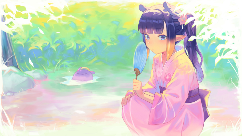 1girl :3 absurdres blunt_bangs blush bush closed_eyes closed_mouth commentary_request day double-parted_bangs expressionless eyelashes floral_print flower gradient_hair grass hair_flower hair_intakes hair_ornament halo hand_fan hand_up highres holding holding_fan hololive hololive_english japanese_clothes kimono kiwwwwwi long_hair long_sleeves looking_at_viewer mole mole_under_eye morning_glory_print multicolored_hair ninomae_ina'nis obi obijime orange_hair outdoors paper_fan partially_submerged pink_flower pink_kimono pointy_ears ponytail print_kimono puddle purple_eyes purple_hair purple_sash rock sash sidelocks smile solo squatting takodachi_(ninomae_ina'nis) tentacle_hair tree uchiwa virtual_youtuber water wide_sleeves