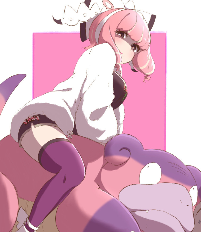 1girl black_eyes breasts colored_skin drill_hair eyeshadow flipped_hair fur_jacket galarian_slowbro hairband highres jacket klara_(pokemon) makeup medium_breasts mole mole_under_mouth multicolored_skin pink_eyeshadow pink_hair pink_lips pink_skin pokemon pokemon_(creature) pokemon_swsh print_shirt print_shorts print_thighhighs purple_eyes purple_skin purple_thighhighs ryus sanpaku shaded_face shirt short_hair shorts side_slit side_slit_shorts sitting_on_animal tail thighhighs twin_drills two-tone_skin white_hairband white_jacket