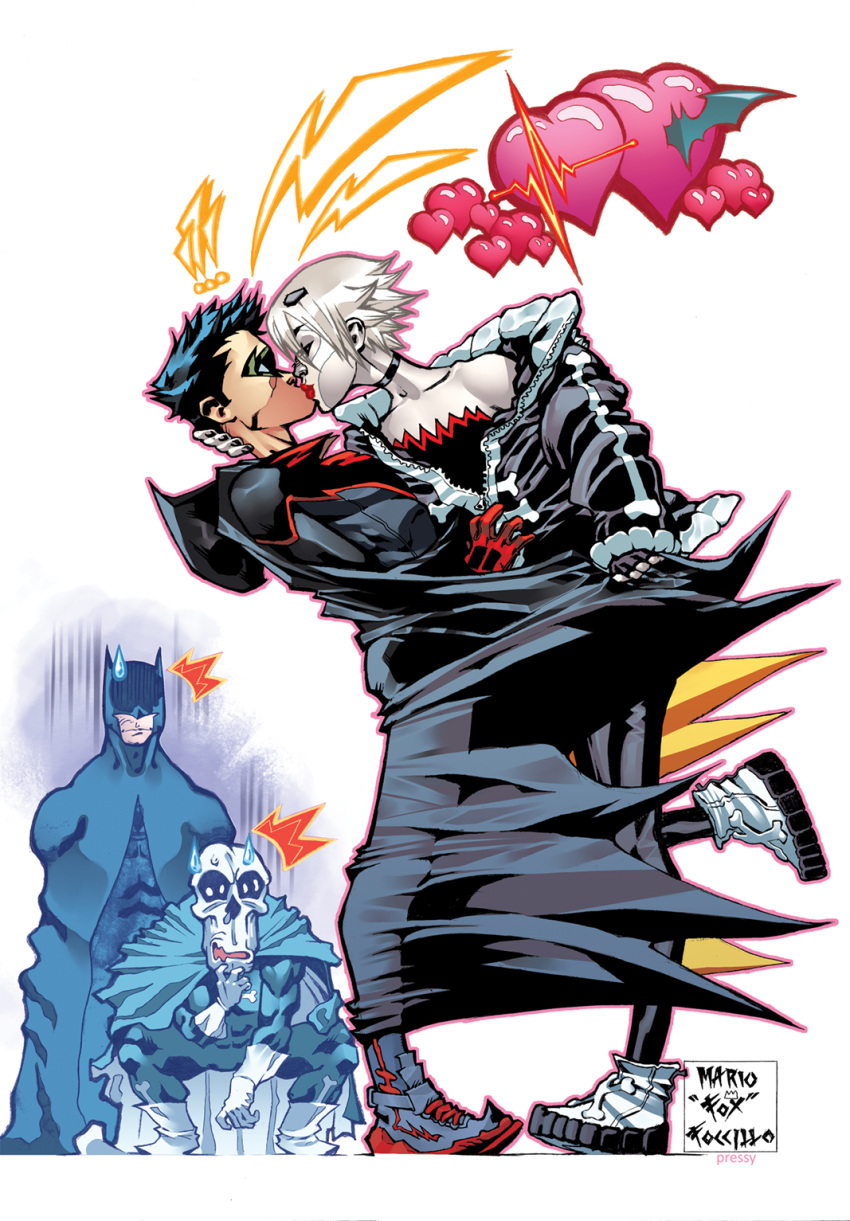 1girl 1other 2boys batman batman_(series) cape character_request comic_cover commentary couple dc_comics english_commentary father_and_son femdom heart highres kiss multiple_boys robin_(dc) scared sweatdrop western_comics_(style) white_background williamson_josh