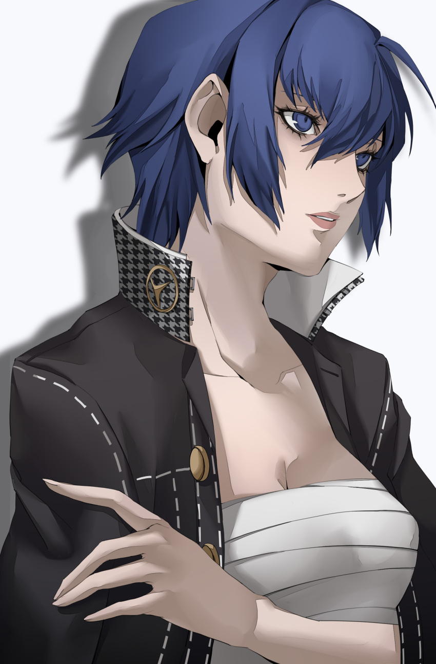 1girl absurdres bandaged_torso black_jacket blue_eyes blue_hair breasts chest_binder cleavage cropped_torso crossdressing gold_buttons hair_between_eyes hand_on_own_arm high_collar highres jacket looking_to_the_side persona persona_4 pertex_777 pink_lips school_uniform shadow shirogane_naoto short_hair white_background white_stitching wrapping