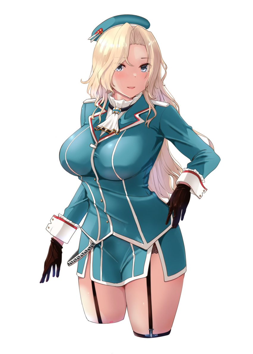 1girl alternate_costume ascot beret black_gloves black_pantyhose blonde_hair blue_skirt breasts commentary_request cosplay cowboy_shot cropped_legs forehead gloves grey_eyes hat highres hornet_(kancolle) jouzaburou_(joe3) kantai_collection large_breasts long_hair long_sleeves military military_uniform miniskirt pantyhose revision shirt simple_background skirt solo takao_(kancolle) takao_(kancolle)_(cosplay) twitter_username uniform white_ascot white_background white_shirt