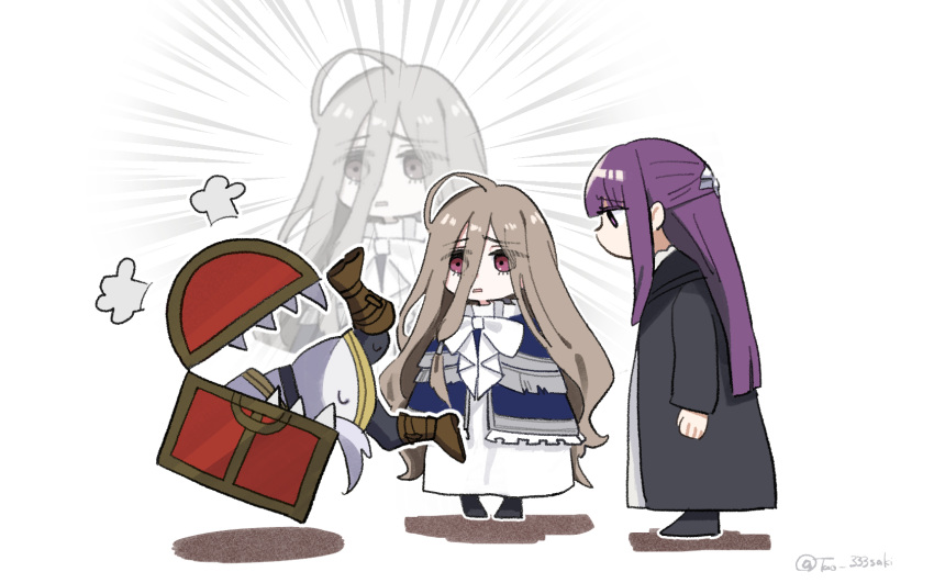 3girls ahoge artist_name black_coat black_footwear black_pantyhose blue_capelet blunt_bangs boots bow bowtie brown_footwear brown_hair capelet chibi coat commentary_request dress emphasis_lines fern_(sousou_no_frieren) frieren frieren_stuck_in_a_mimic_(meme) frilled_capelet frills highres long_bangs long_hair long_sleeves looking_at_another meme mimic mimic_chest multiple_girls open_mouth pantyhose purple_eyes purple_hair raised_eyebrows sense_(sousou_no_frieren) shadow sharp_teeth sidelocks simple_background sousou_no_frieren standing stuck tao_333saki teeth treasure_chest twitter_username very_long_hair white_background white_bow white_bowtie white_capelet white_dress