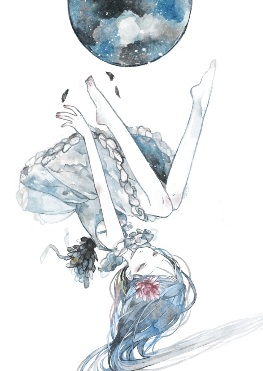 1girl bare_legs barefoot blue_hair closed_eyes dress falling feathers flower frilled_dress frills full_body hair_flower hair_ornament highres long_hair moon original oseto_(oxxsexxto) painting_(medium) pale_skin planet simple_background sleeveless solo toes traditional_media upside-down watercolor_(medium) white_background