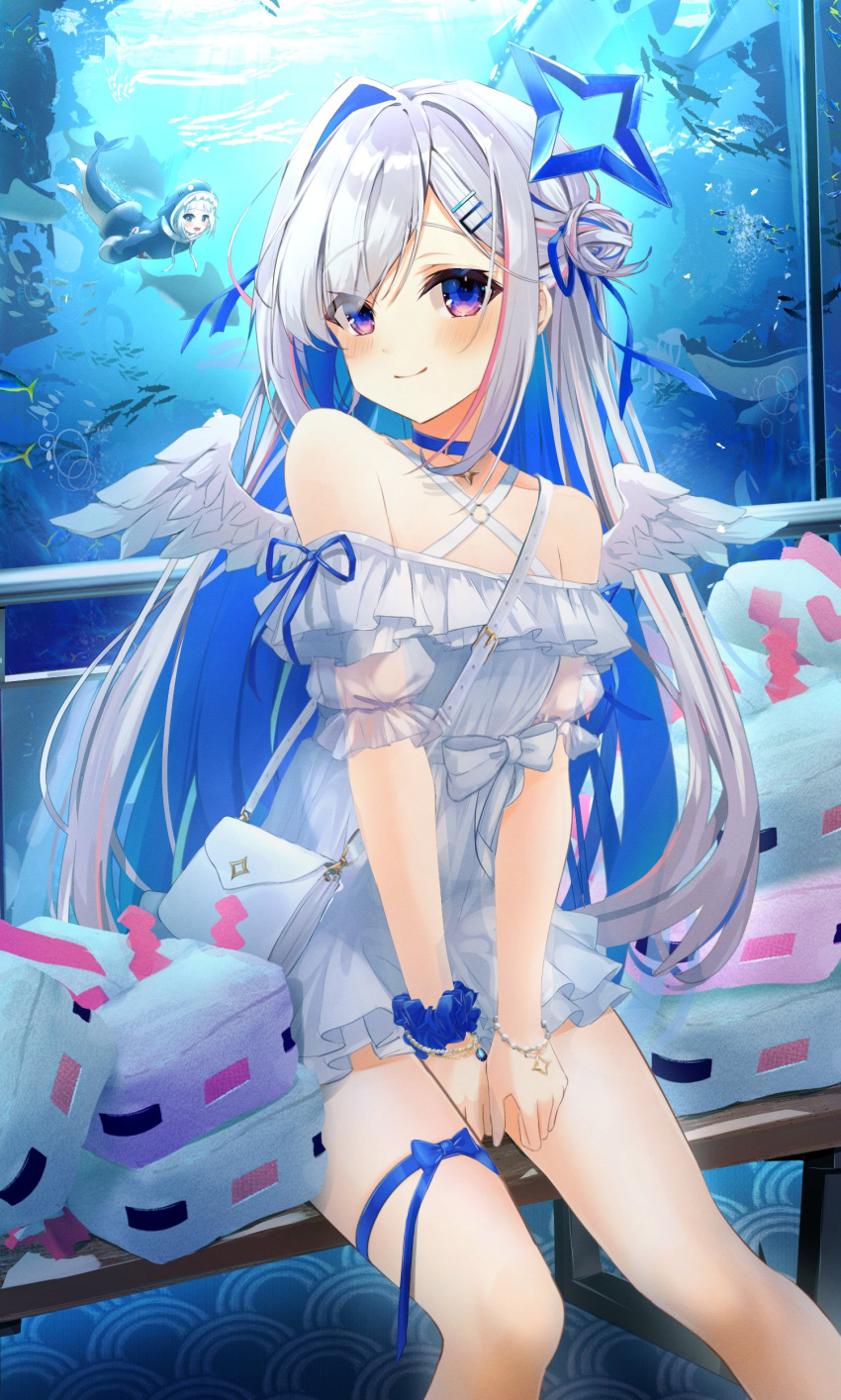 1girl absurdres amane_kanata aquarium arms_between_legs bangs_pinned_back bare_shoulders bench blue_choker blue_eyes blue_hair blue_scrunchie blush bracelet choker closed_mouth colored_inner_hair criss-cross_halter dot_nose dress feathered_wings feet_out_of_frame fish gawr_gura grey_hair hai_0013 hair_bun hair_intakes hair_ornament hairpin halo halter_dress halterneck highres hololive hololive_english indoors jewelry legs_apart light_rays long_hair looking_at_viewer mini_wings multicolored_hair pink_eyes pleated_dress school_of_fish scrunchie short_dress single_side_bun sitting smile solo_focus two-tone_eyes very_long_hair water white_dress white_wings window wings wrist_scrunchie