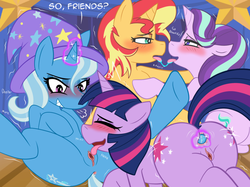 anal anal_penetration blush buttplug cunnilingus equestria_girls equid equine female female/female feral foursome friendship_is_magic group group_sex hasbro hi_res horn horse making_out mammal my_little_pony mythological_creature mythological_equine mythology oral penetration plug_(sex_toy) pony sex sex_toy starlight_glimmer_(mlp) sunset_shimmer_(eg) trixie_(mlp) twilight_sparkle_(mlp) unicorn vaginal vibrator weirdkoaladream