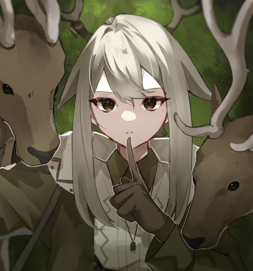 1girl animal antlers arknights collared_shirt deer_antlers deer_girl finger_to_mouth firewatch_(arknights) gloves goma_74umai green_jacket grey_hair hair_between_eyes highres hood hoodie horns jacket jewelry long_hair looking_at_viewer mole mole_under_eye necklace open_clothes open_hoodie reindeer reindeer_antlers reindeer_girl shirt sidelocks