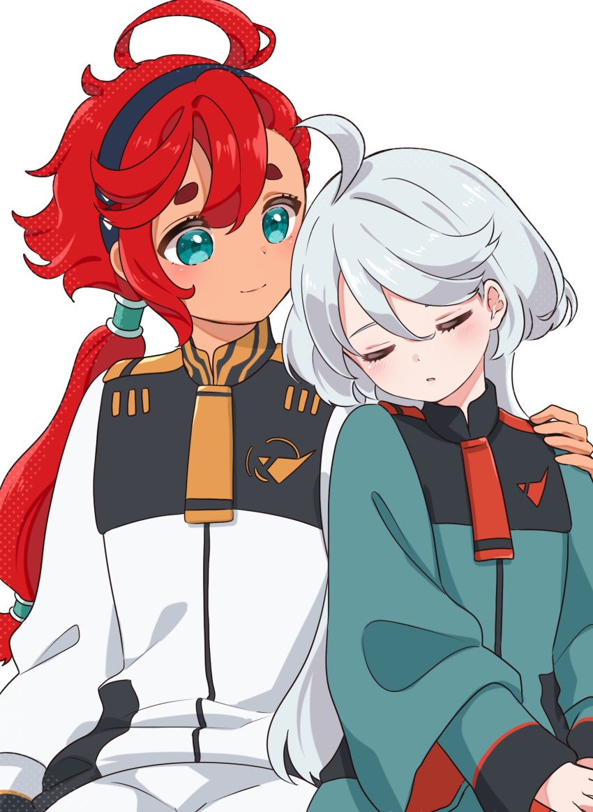 2girls ahoge asticassia_school_uniform black_hairband blue_eyes closed_eyes closed_mouth commentary_request cowlick dot_nose green_jacket grey_hair gundam gundam_suisei_no_majo hair_between_eyes hairband hand_on_another's_shoulder highres jacket light_blush long_hair long_sleeves low_ponytail miorine_rembran multiple_girls parted_lips red_hair sakura_mochi_(kanade-8961-uriuri) school_uniform short_eyebrows shorts shoulder_boards side-by-side simple_background sleeping smile split_mouth suletta_mercury thick_eyebrows very_long_hair white_background white_jacket white_shorts wide_sleeves
