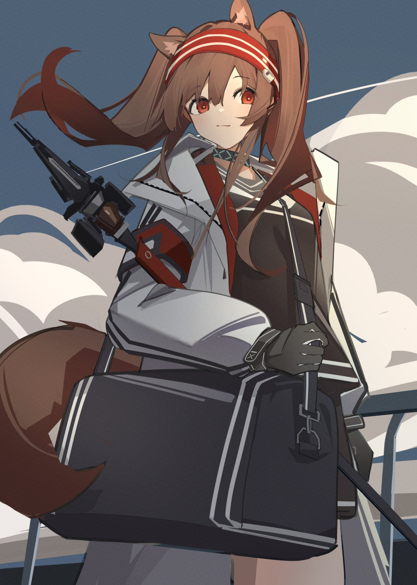 1girl angelina_(arknights) animal_ears arknights bag black_bag black_collar black_gloves brown_hair chichi_guai cloud cloudy_sky coat collar duffel_bag earpiece fox_ears fox_girl gloves hairband highres holding holding_staff infection_monitor_(arknights) jacket long_hair long_sleeves material_growth one-piece_swimsuit open_clothes open_coat oripathy_lesion_(arknights) red_eyes red_hairband red_one-piece_swimsuit shirt sky smile solo staff striped_clothes striped_hairband swimsuit twintails two-tone_hairband white_coat