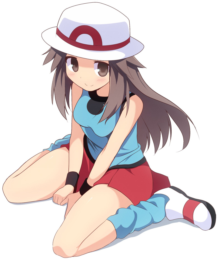 1girl bare_shoulders black_wristband blue_shirt blue_socks blush brown_eyes brown_hair closed_mouth full_body hat highres kurakuru leaf_(pokemon) long_hair looking_at_viewer pokemon pokemon_frlg red_skirt shirt shoes sitting skirt sleeveless sleeveless_shirt smile socks solo wariza white_background white_footwear white_headwear